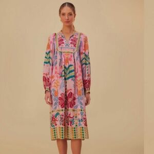 NWT Farm Rio Boho Fruits Queen Scarf Pink Long Sleeve Midi Dress SIZE S
